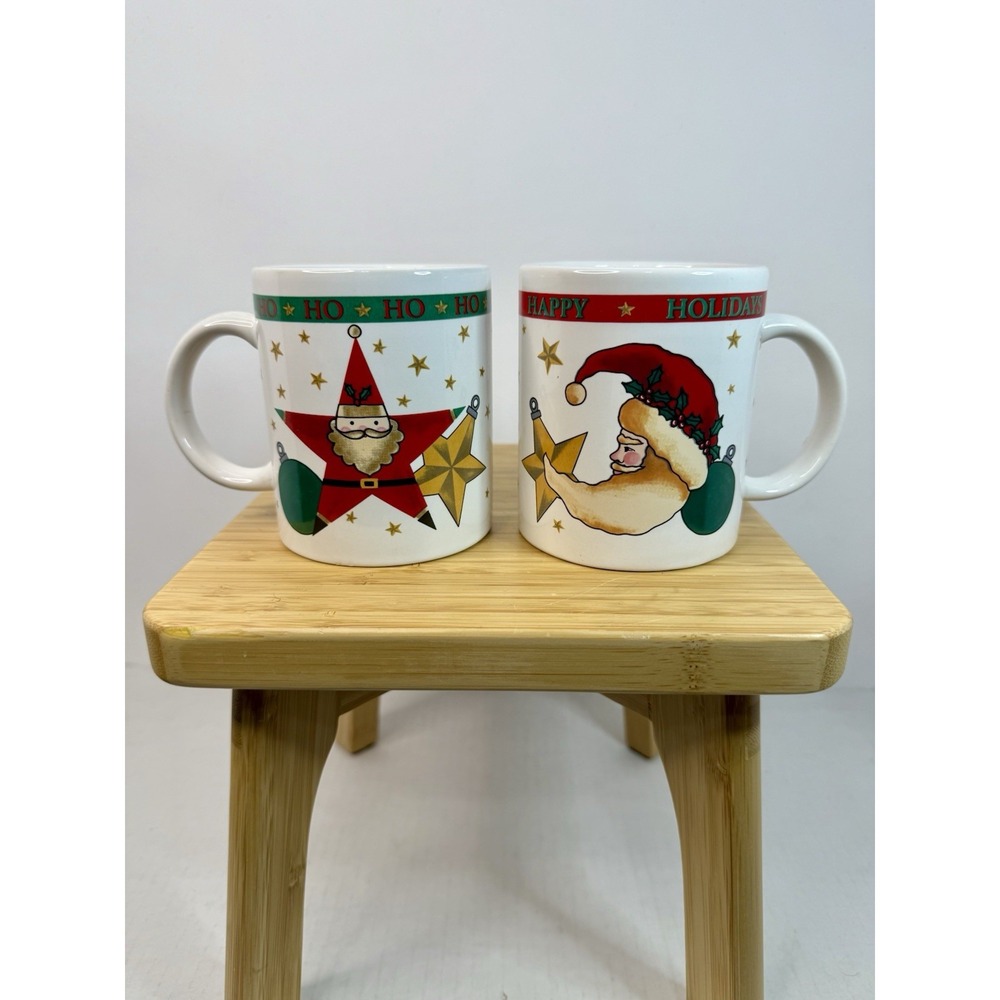 VTG 90s Y2K Celestial Holiday Coffee‎ Mugs Set Of 2 Stars And Moon Santa 12oz